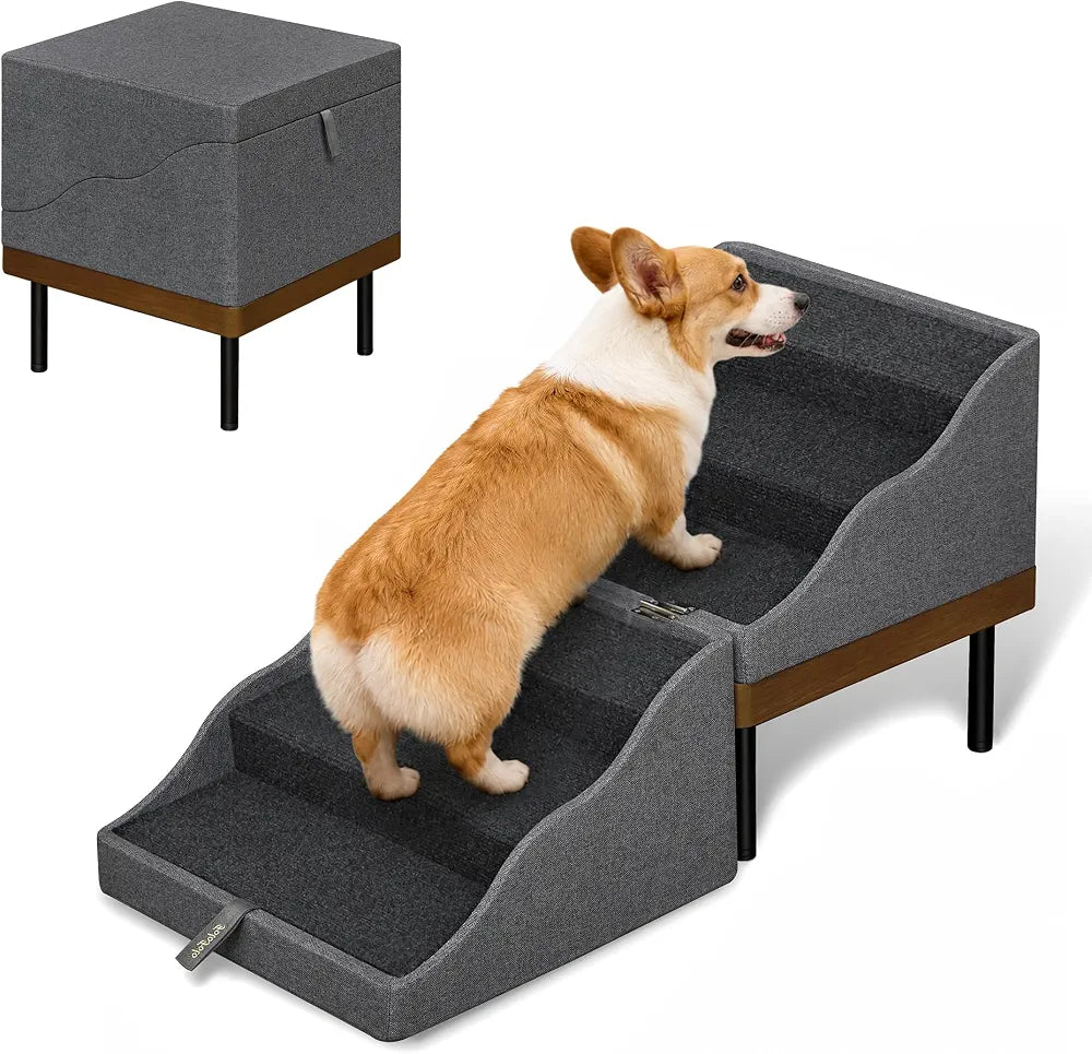 2-in-1 Foldable Wooden Dog Safety Ramp and Pet Stairs with Split Ottoman, 17.3-inch Height