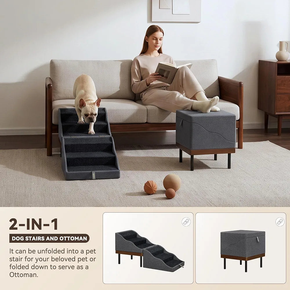 2-in-1 Foldable Wooden Dog Safety Ramp and Pet Stairs with Split Ottoman, 17.3-inch Height